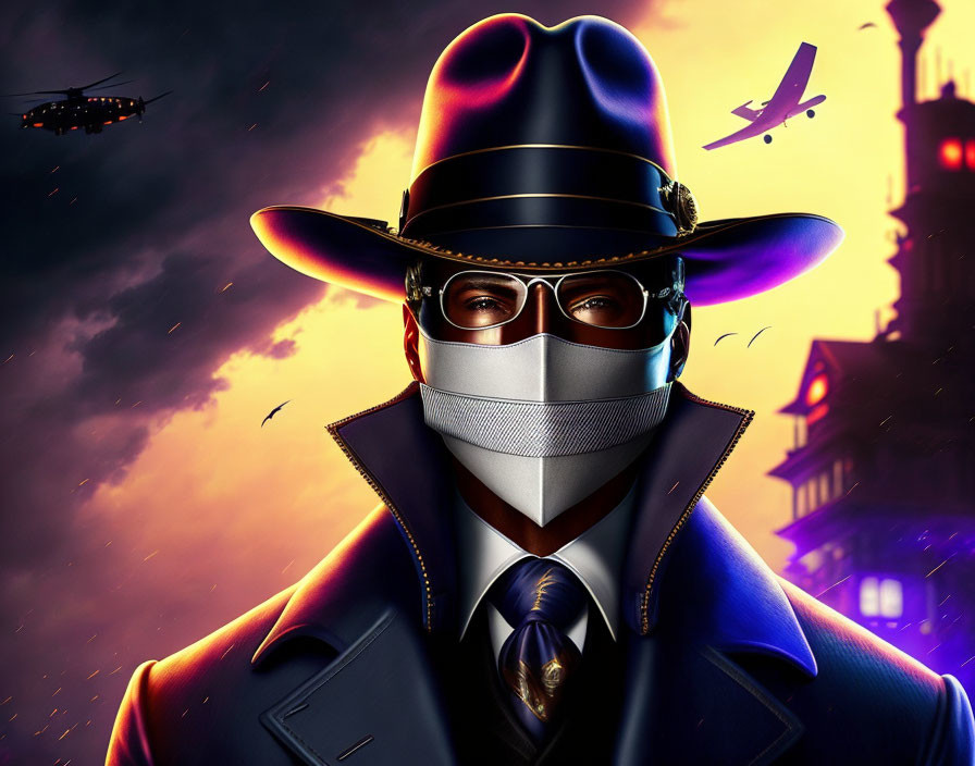 Stylized character in wide-brimmed hat and mask against dramatic sky and silhouetted