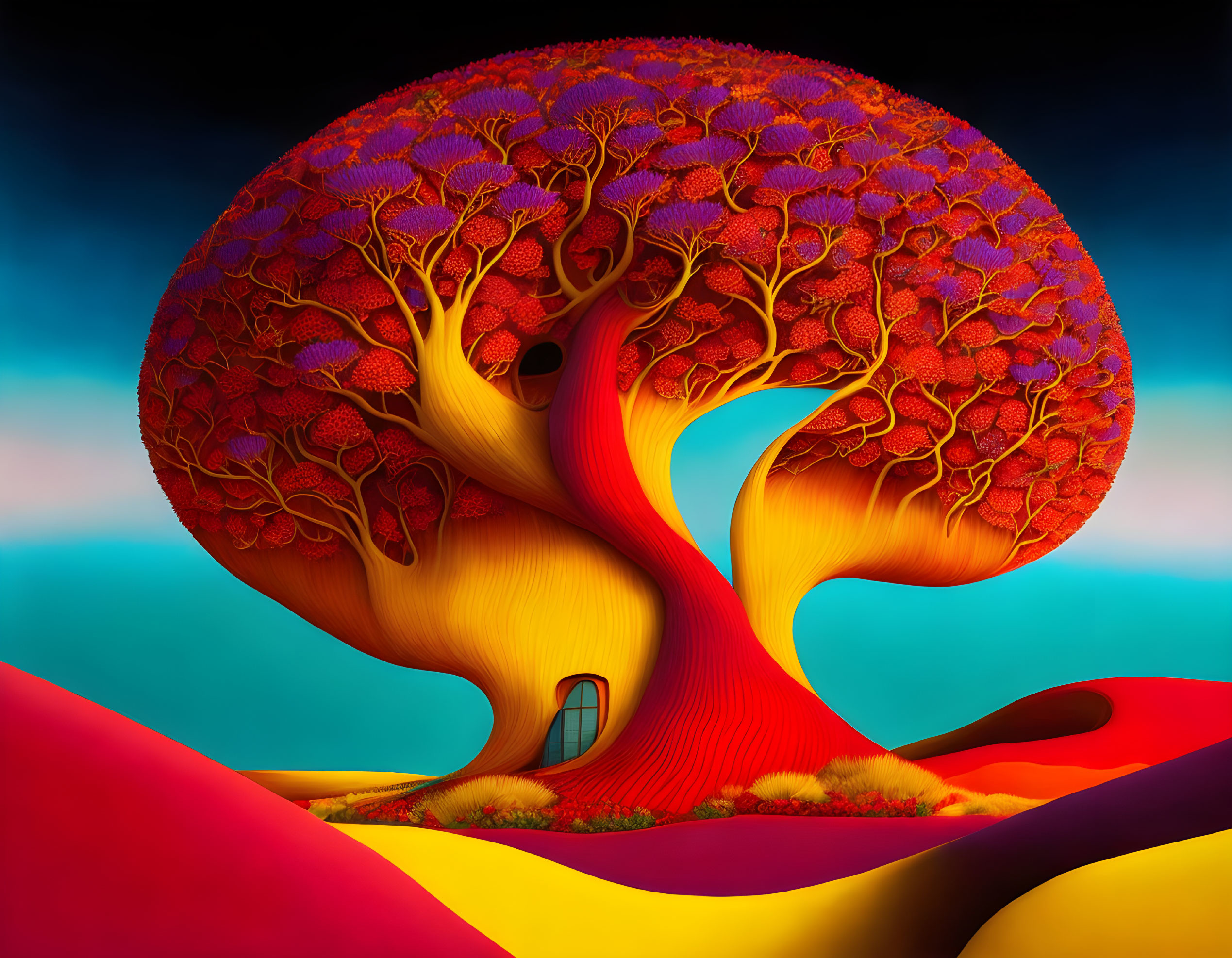 Colorful digital artwork: whimsical tree with door in surreal landscape.