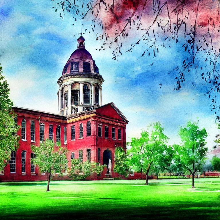 Colorful watercolor painting of grand building with dome, surrounded by greenery and cherry blossoms