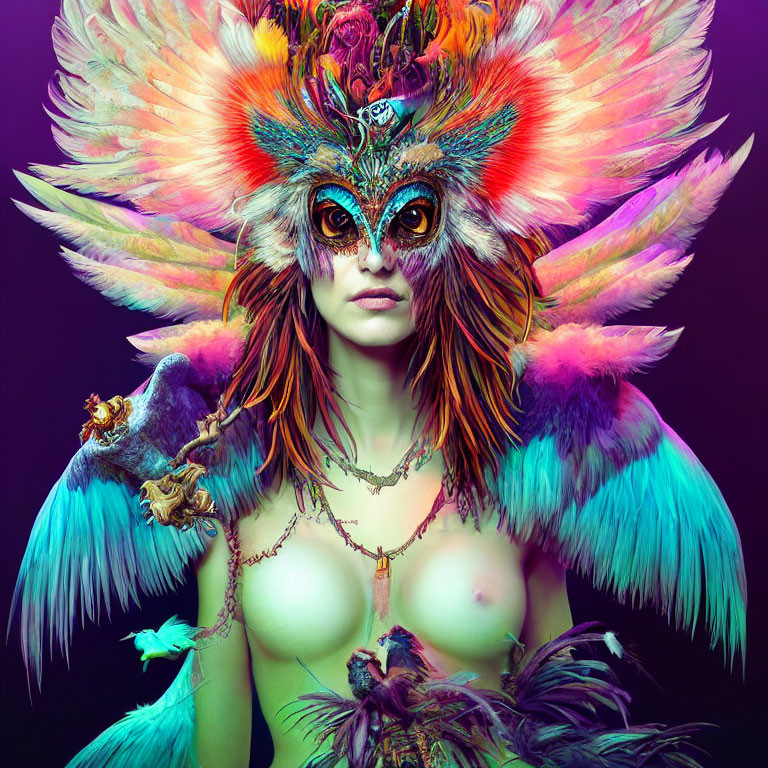 Colorful Owl-Themed Feather Headdress and Ornate Mask Portrait