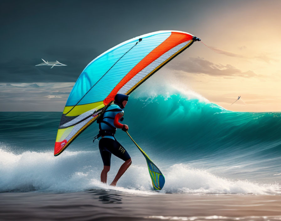 Wing foiling person on vibrant sunset wave with colorful wing sail