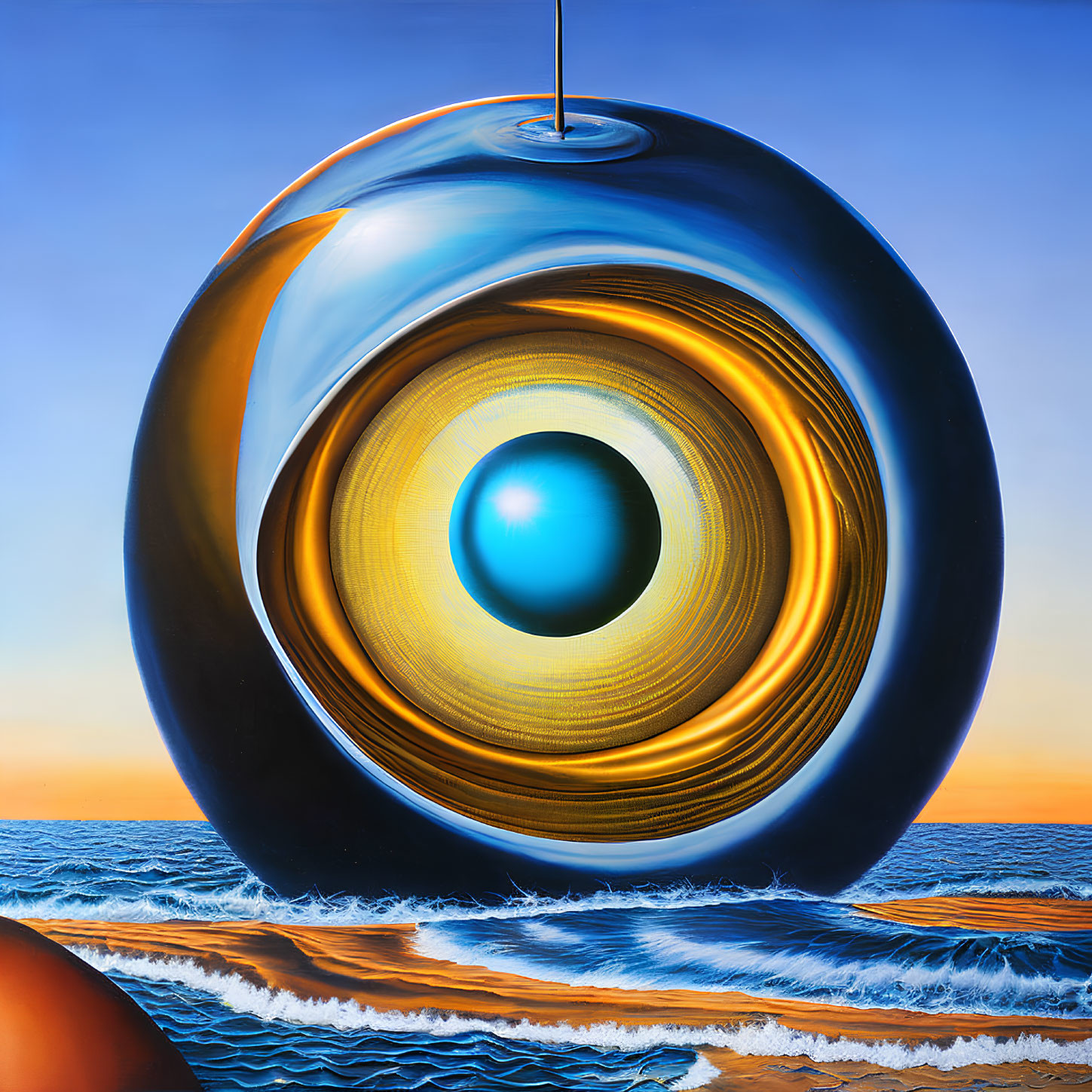 Surreal painting of glossy spherical object with rings above ocean horizon at sunset