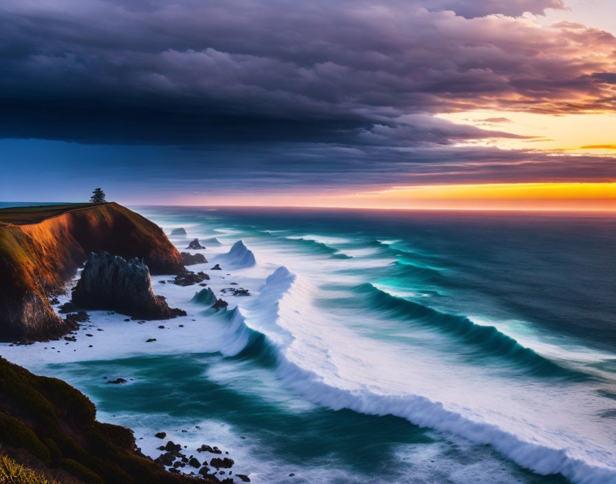 Scenic coastal sunset with crashing waves and dramatic storm clouds