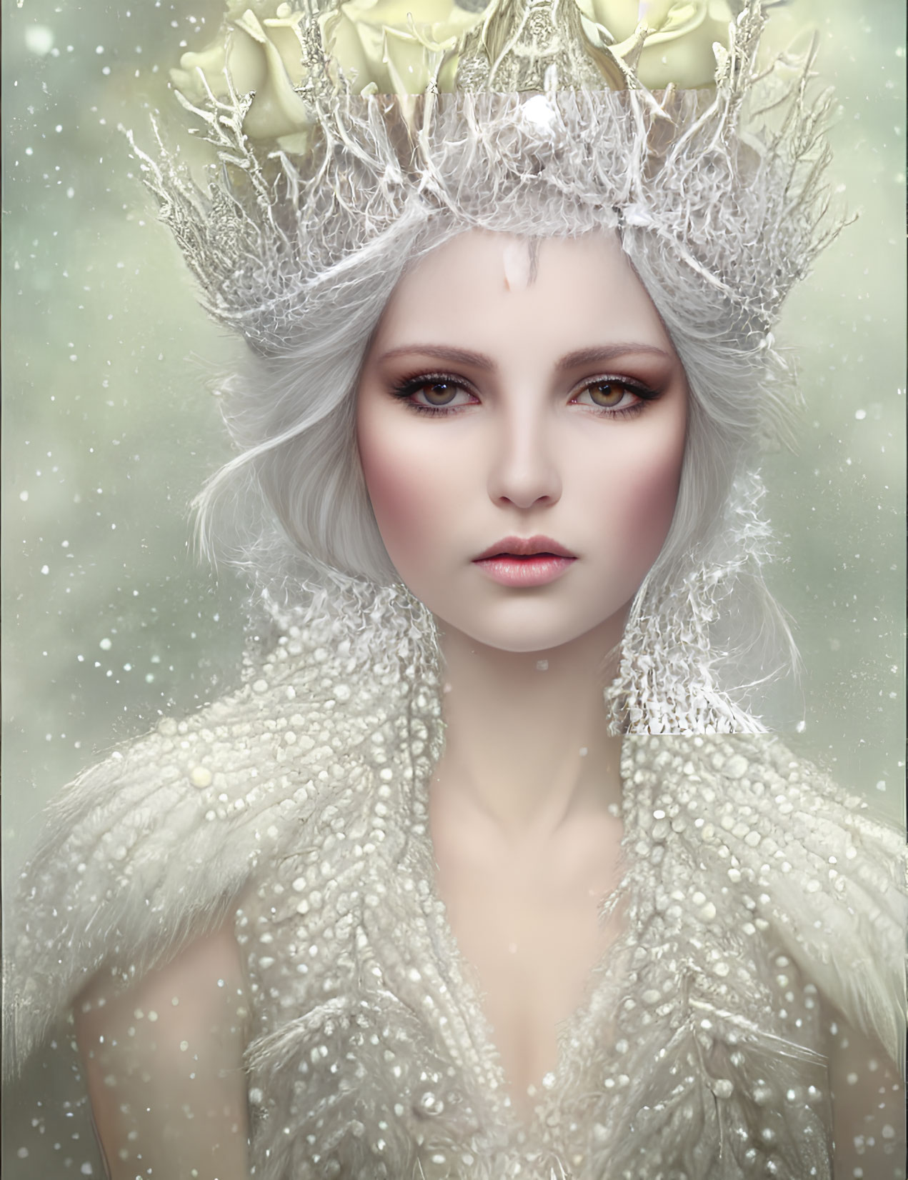 Silver-haired woman in crown and white dress against snowy background