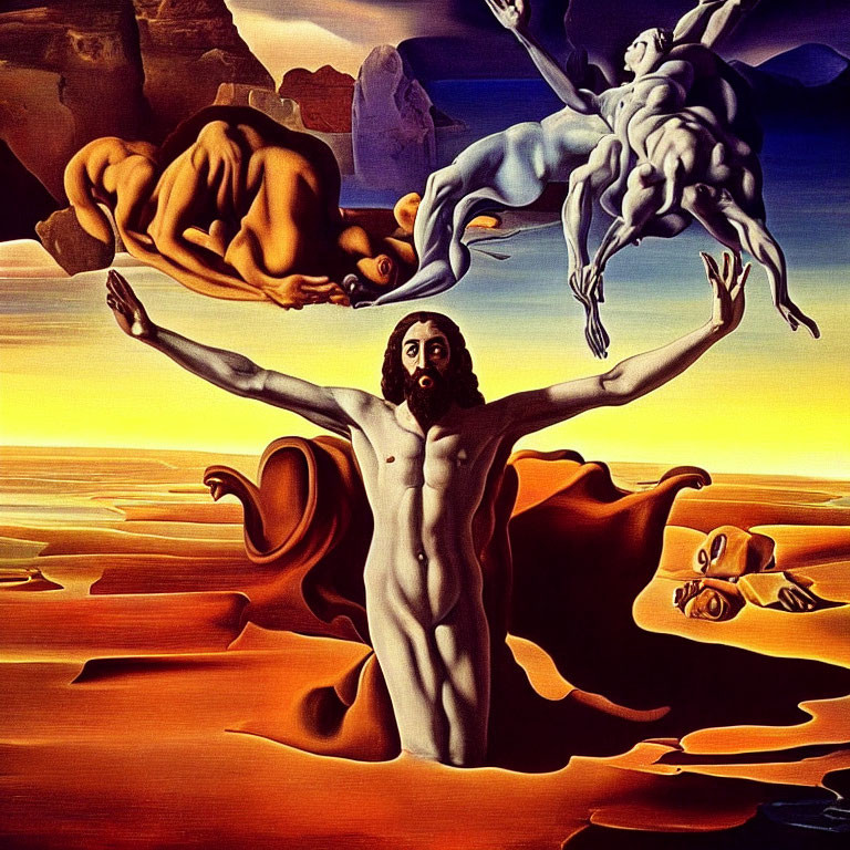 Surreal desert landscape with central and floating figures against orange sky