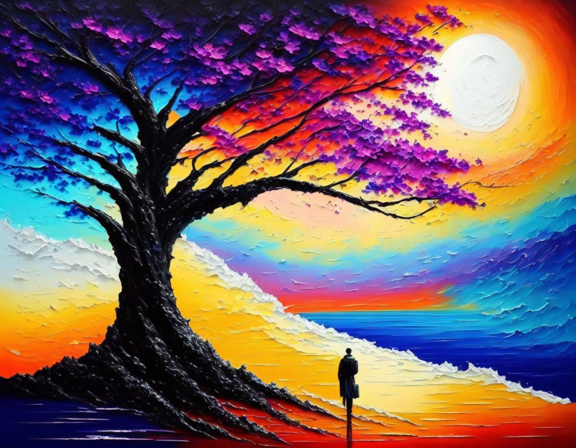 Colorful painting: lone figure under tree, sunset sky, full moon, sea