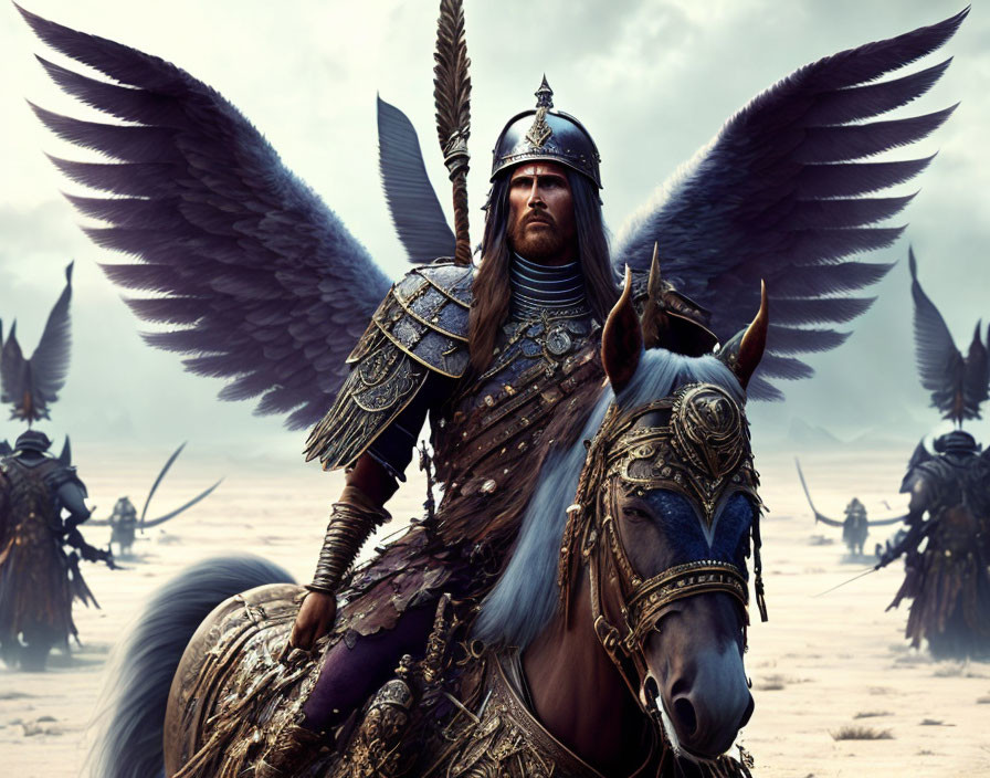 Armored warrior on winged horse leads army in desolate battlefield