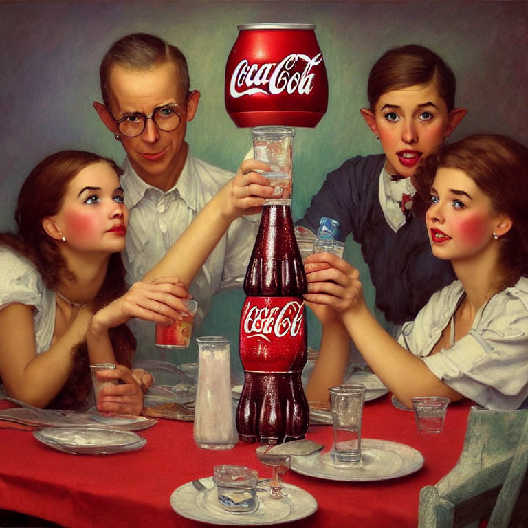 Vintage-dressed individuals toast with soda at dinner table