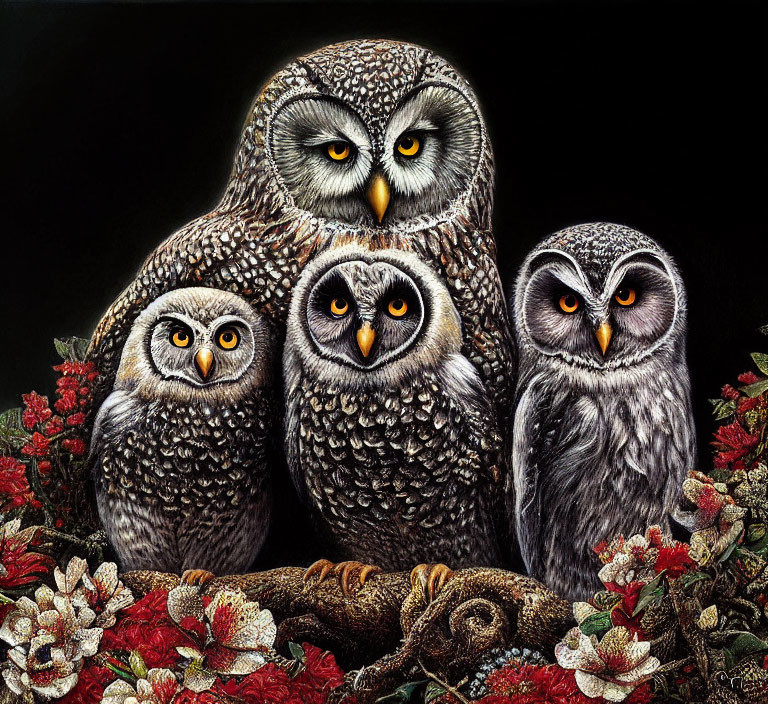 Detailed Owls Perched on Branches Among Red and White Flowers