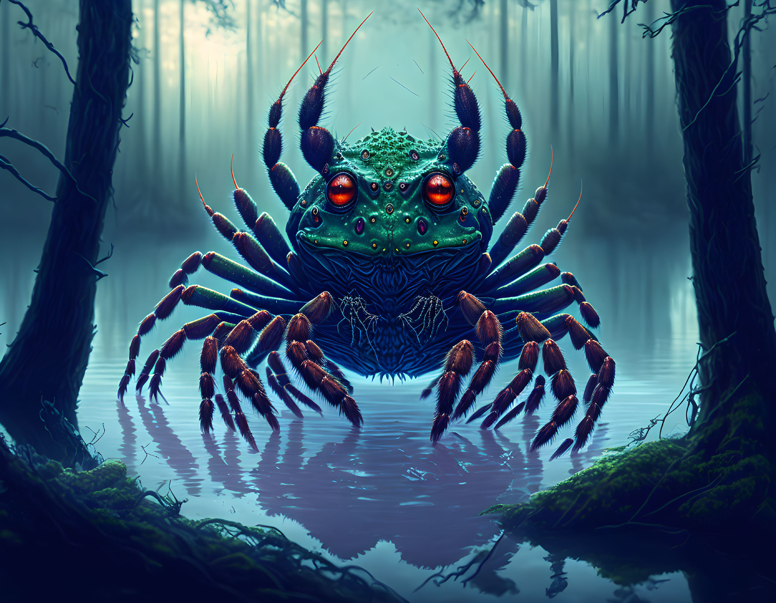 Colorful digital artwork: Large crab with multiple eyes in misty forest reflection