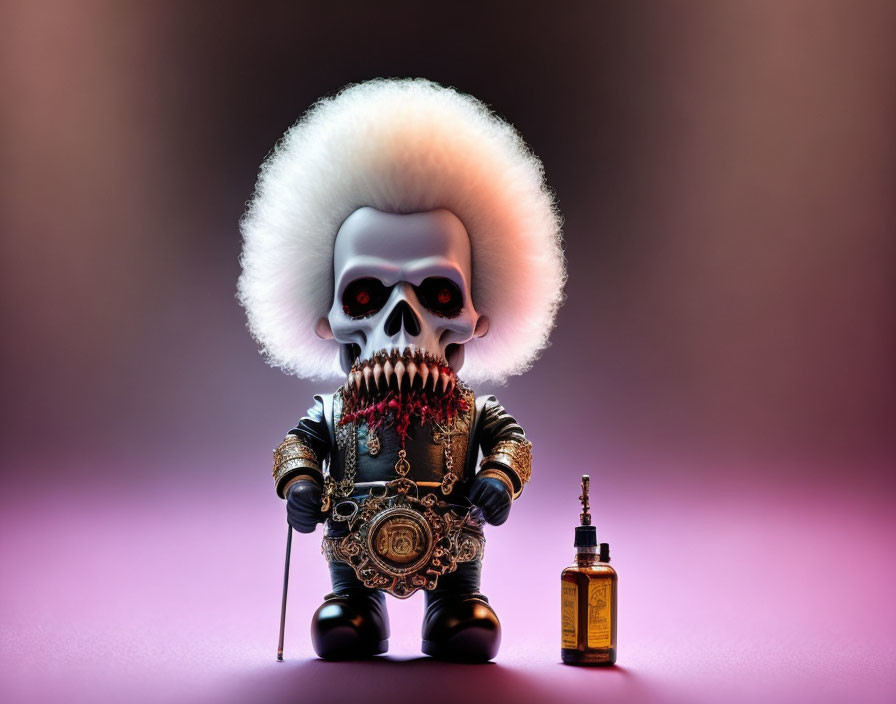 Skull-faced figure with white afro, scepter, and bottle