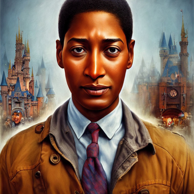 Young man portrait with tie, jacket, and fantasy castle backdrop