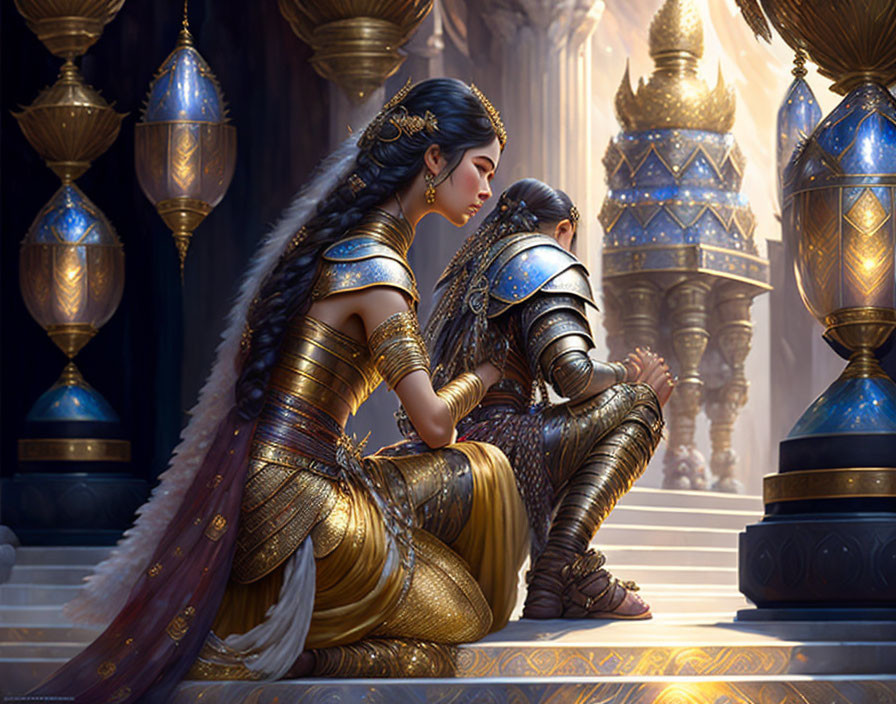 Regal woman in golden armor and jewelry in grand, lantern-lit hall