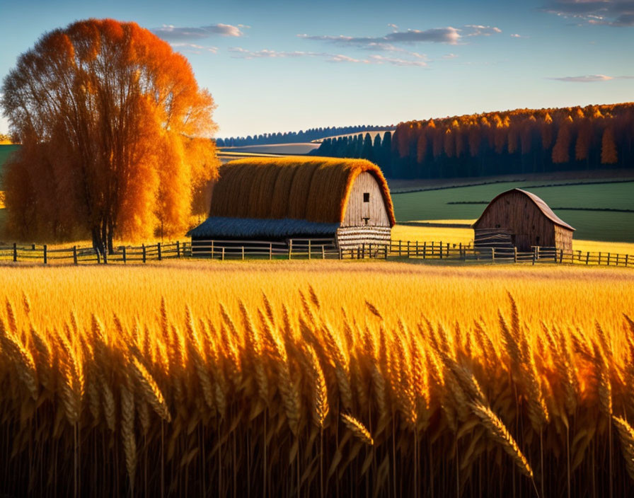 Rustic barns, golden wheat fields, and colorful trees in autumn scene