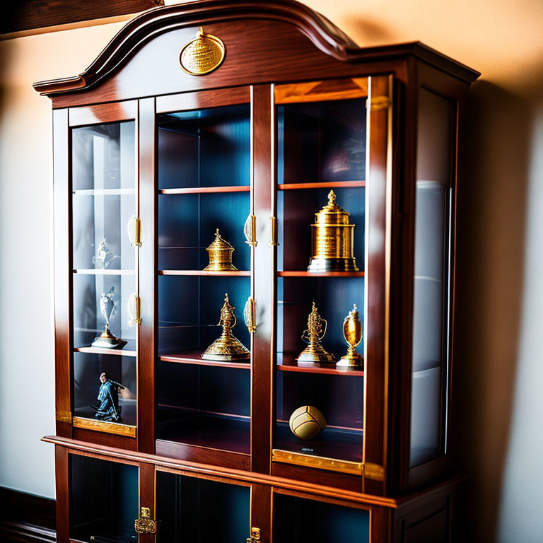 Wooden Display Cabinet with Glass Doors Showcasing Trophies and Golden Ball