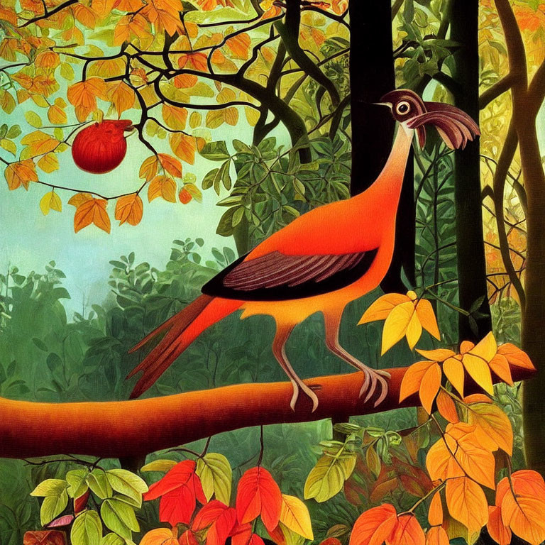 Colorful Stylized Orange Bird Perched on Tree Branch in Lush Forest