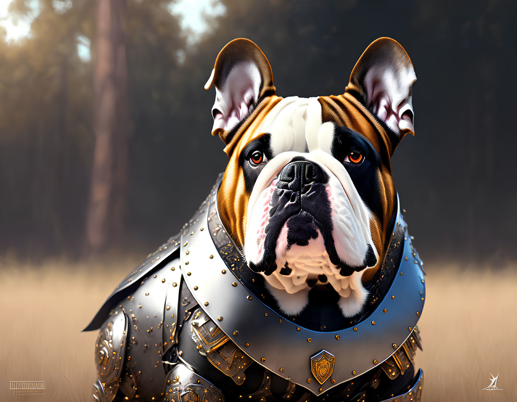 Digital artwork: Bulldog in medieval armor, misty forest scene