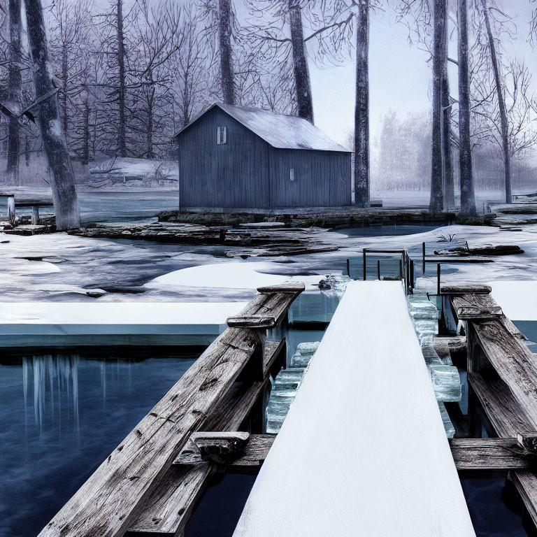 Tranquil winter landscape with frozen lake and wooden jetty