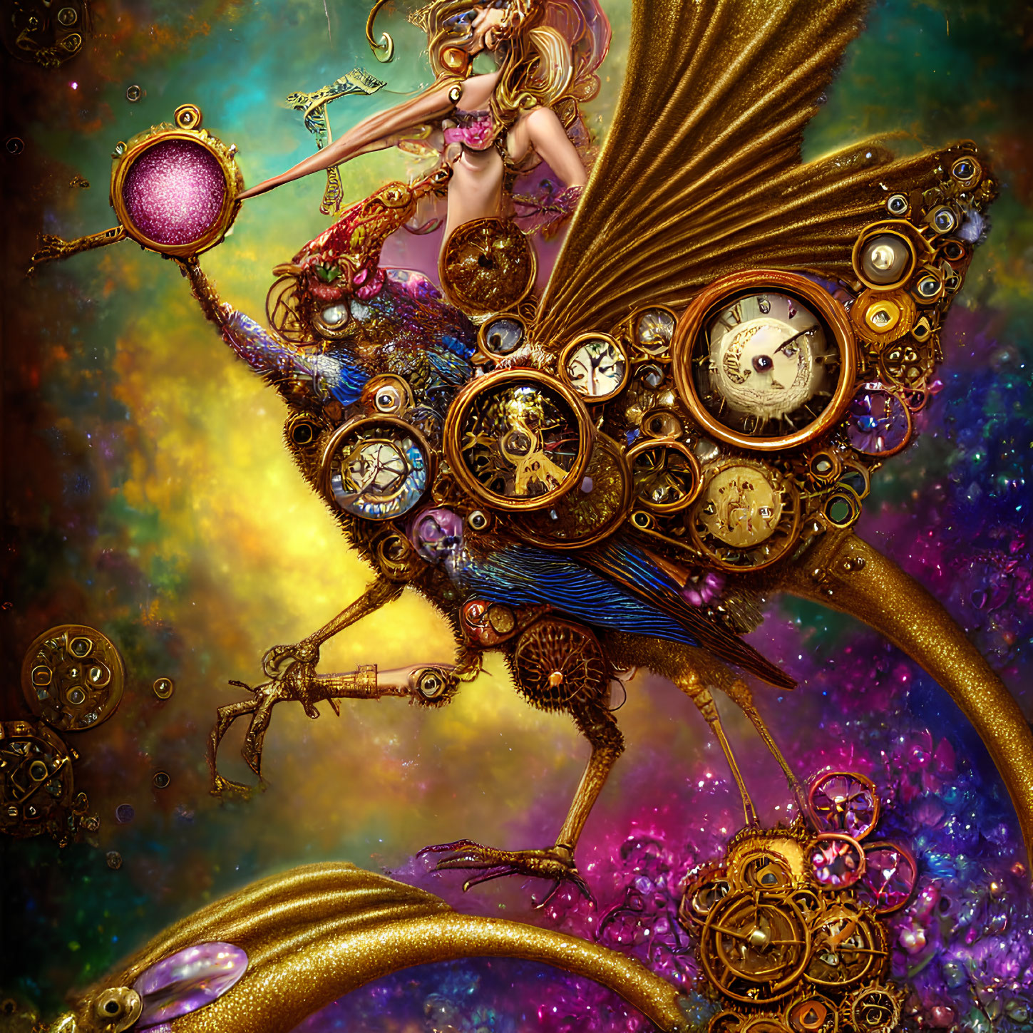 Steampunk-themed winged fairy with gears and clocks in cosmic backdrop