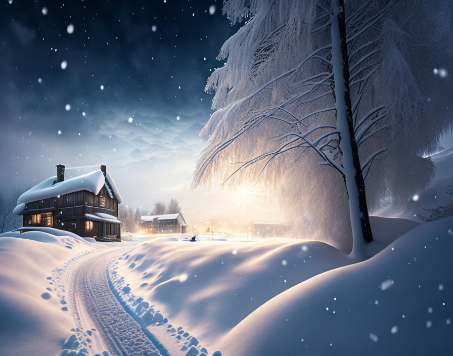 Snow-covered house and trees in serene winter setting with tire tracks and warm glow.