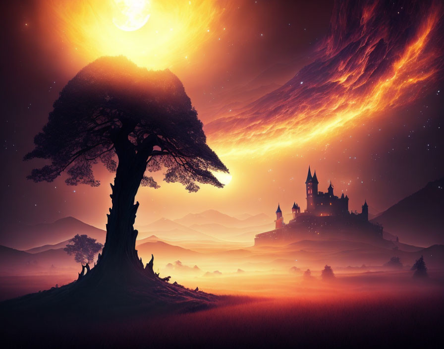 Fantasy landscape with orange and purple sky, lone tree, misty grounds, castle, celestial bodies