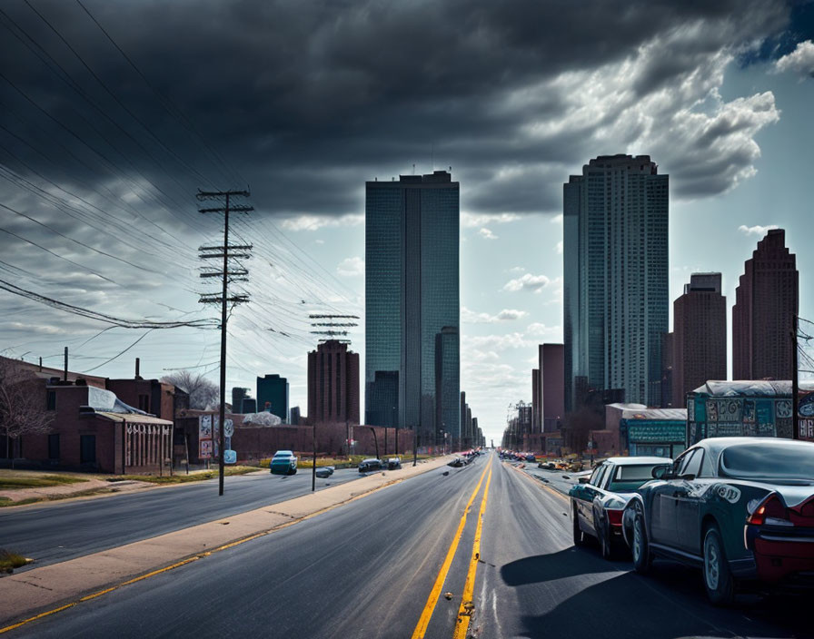 Urban cityscape with skyscrapers, parked cars, and power lines under dramatic clouds.