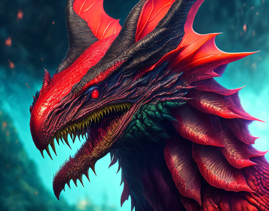 Detailed Red Dragon Close-Up in Mystical Forest