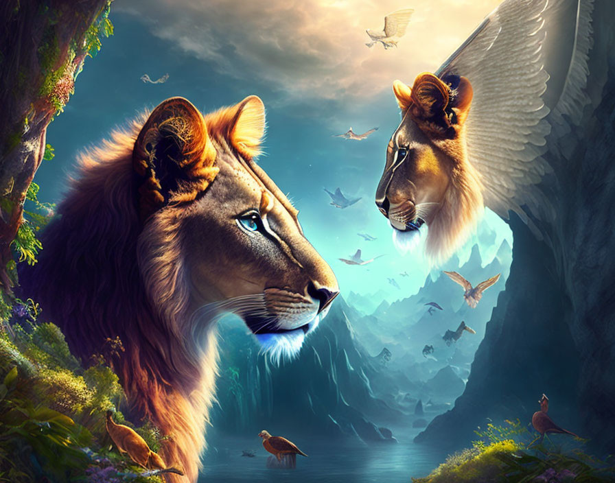 Digital artwork: Lion and winged lioness face off with birds in serene nature.