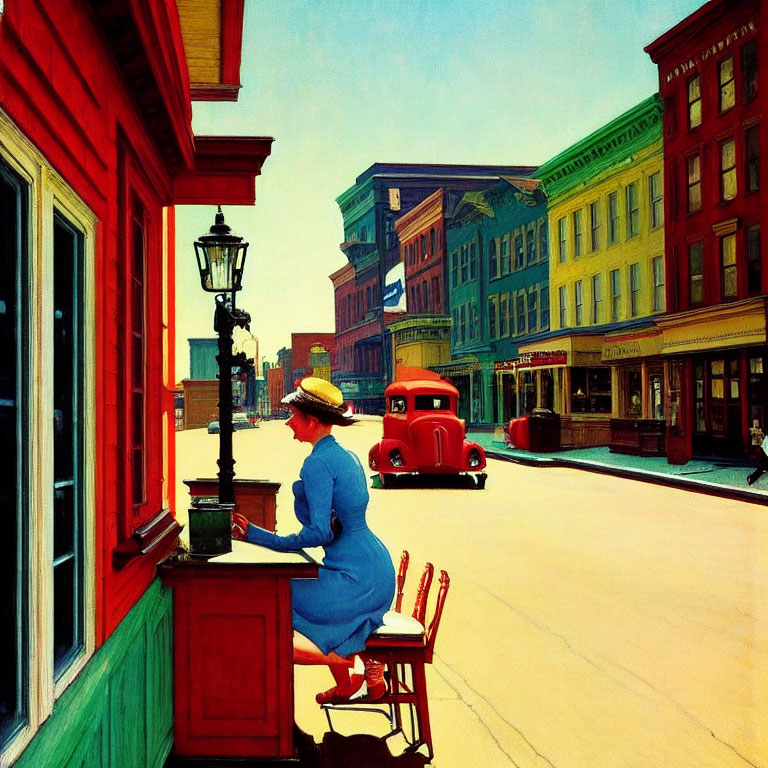 Colorful painting of woman in blue dress on vibrant street