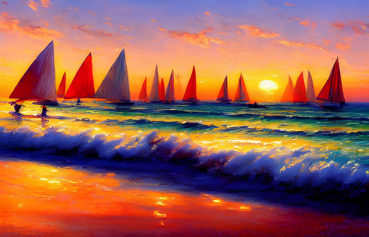 Sailboats in vibrant seascape at fiery sunset