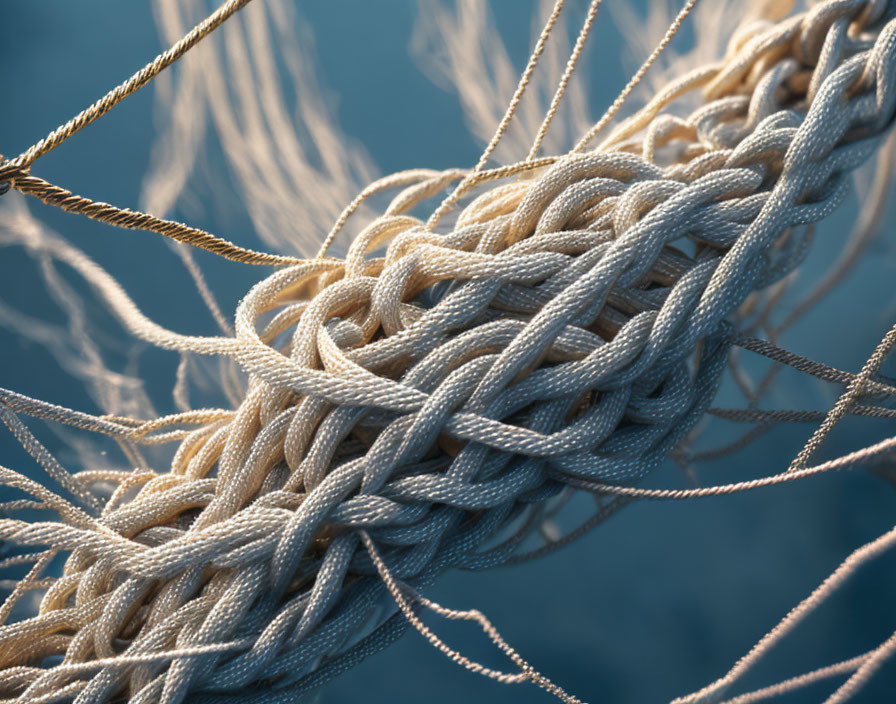 Detailed view of white ropes intertwined against blue backdrop, showcasing textured fibers.