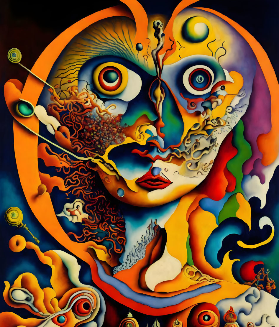 Abstract Multicolored Face with Multiple Eyes and Swirling Patterns