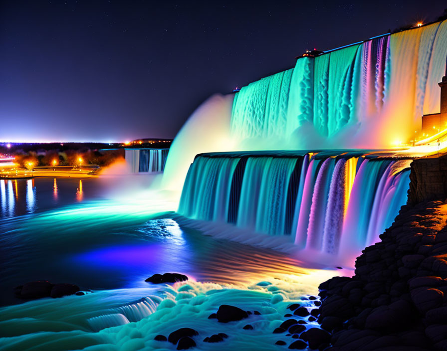 Night view of Niagara Falls with blue and purple lights illuminating cascading water