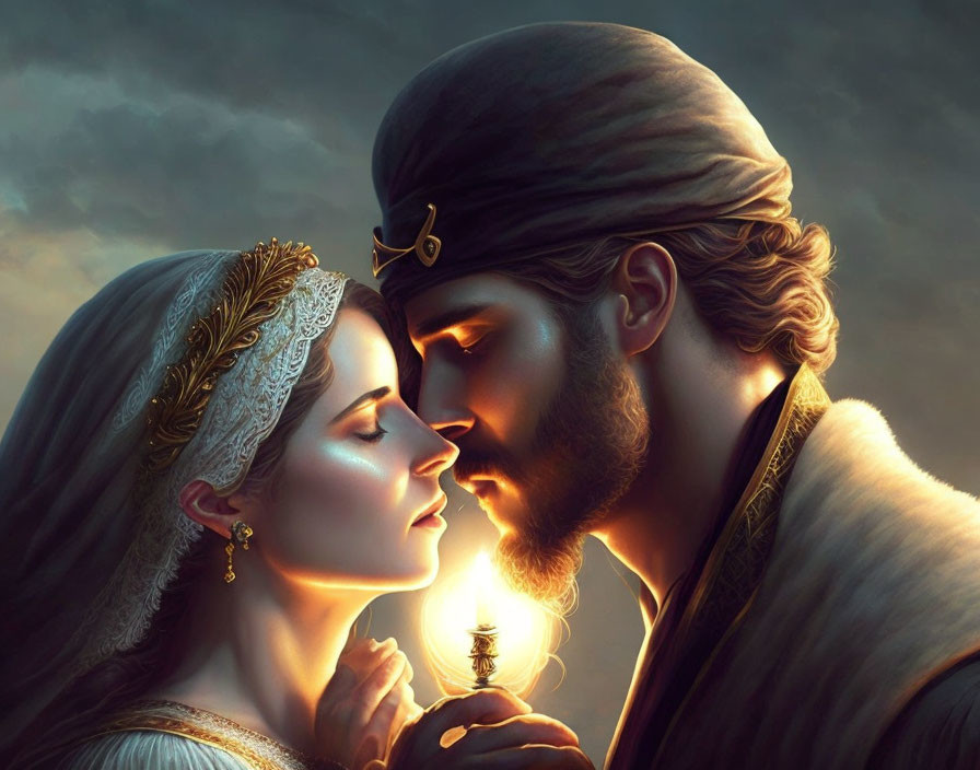 Romantic digital painting: man in turban and woman with tiara, foreheads touching, under