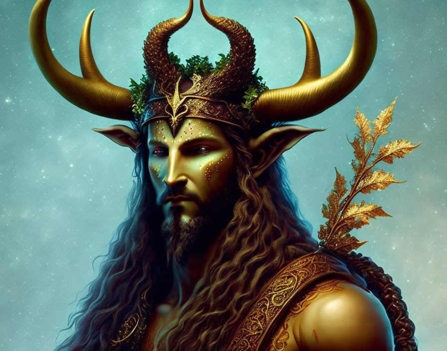 Majestic bearded figure with antlers and golden crown in intricate armor holding a golden branch