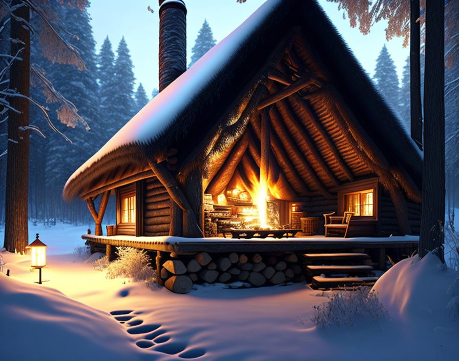 Snow-covered log cabin with fireplace, lantern, and winter scenery