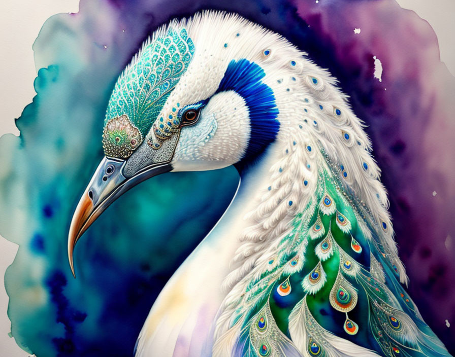 Detailed Peacock Illustration on Colorful Watercolor Background