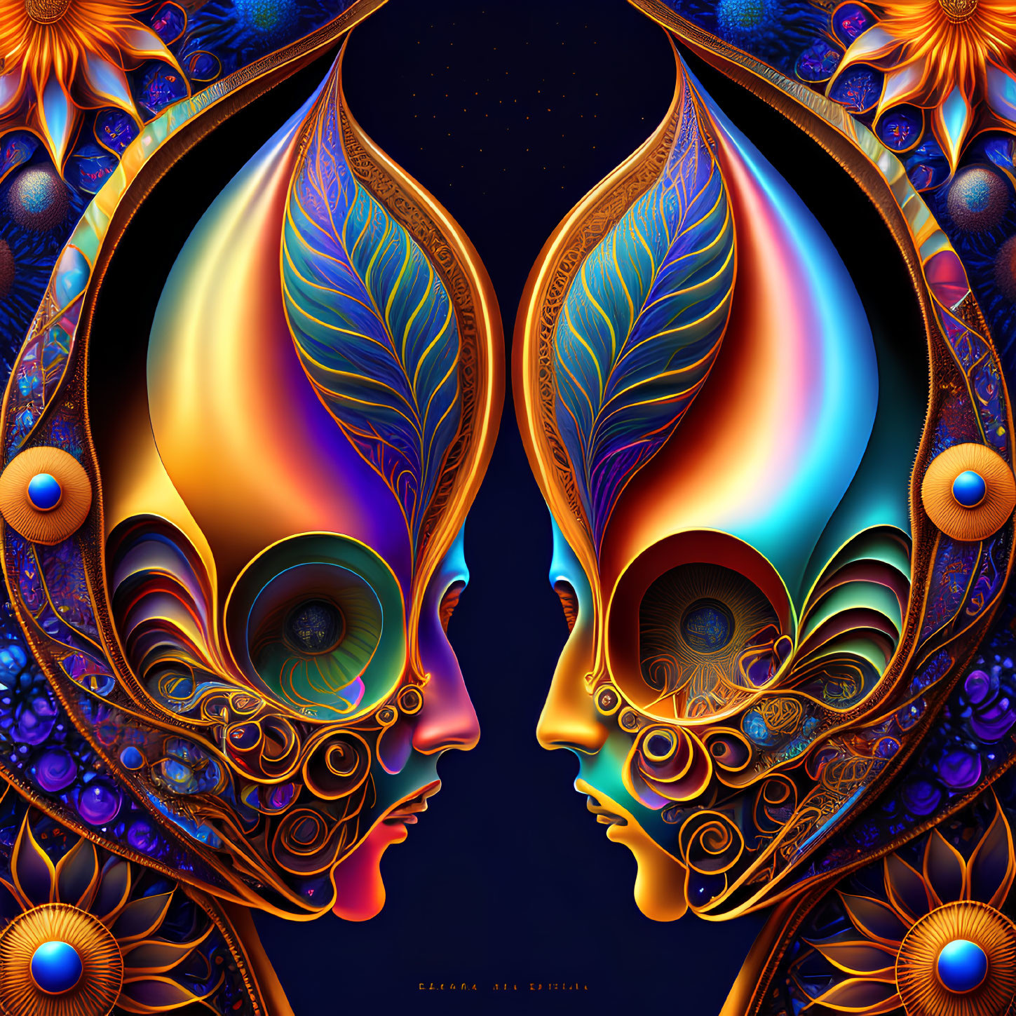 Symmetrical digital artwork of stylized face profiles with intricate patterns on starry background