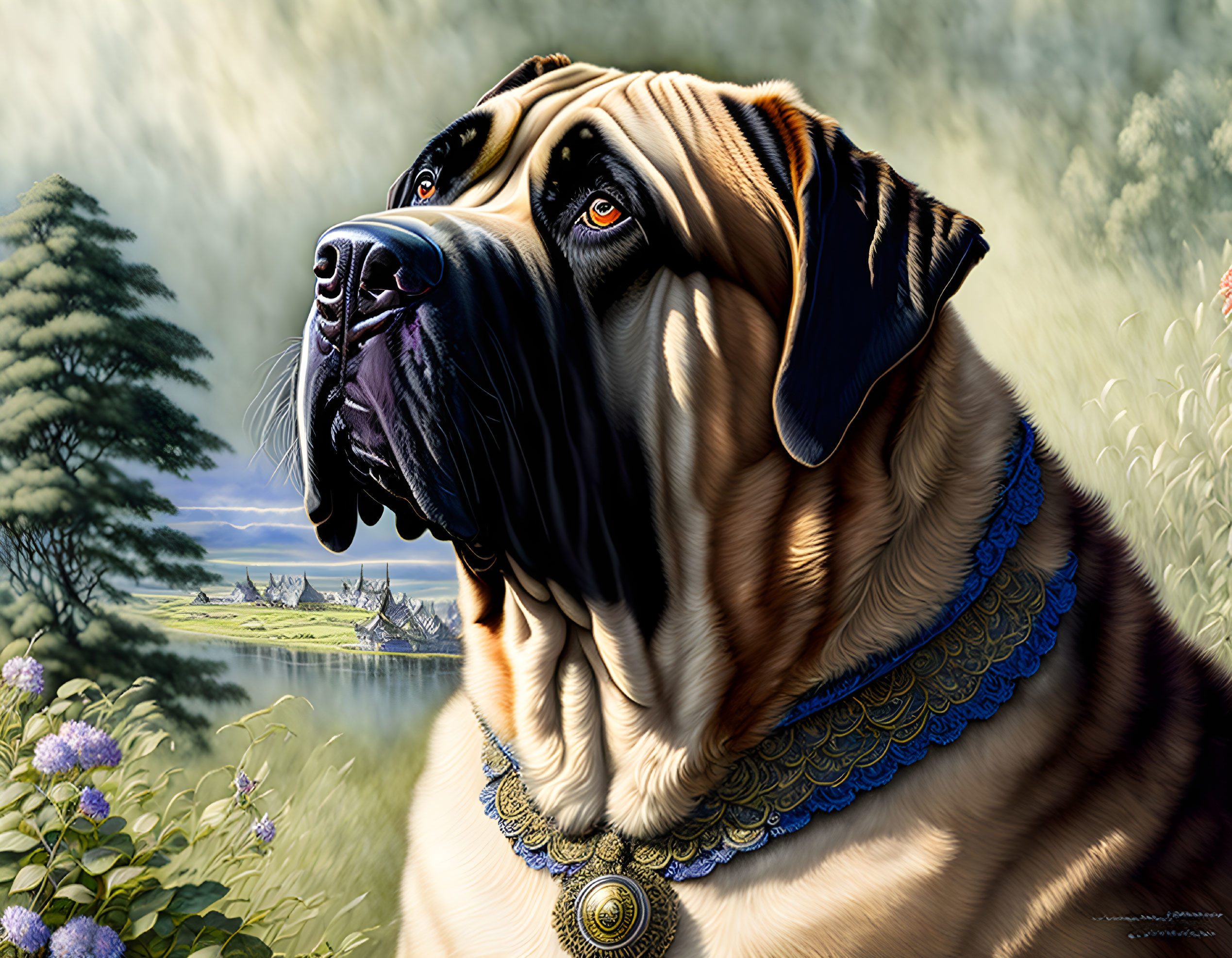 Regal mastiff with blue collar in serene pastoral setting