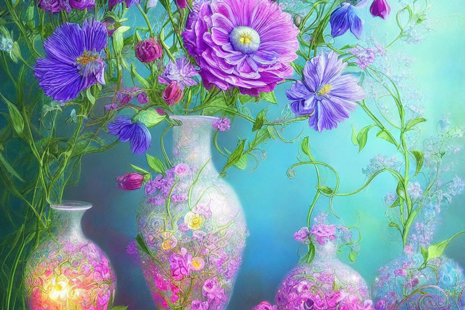 Colorful digital painting of purple and pink flowers in ornate vases