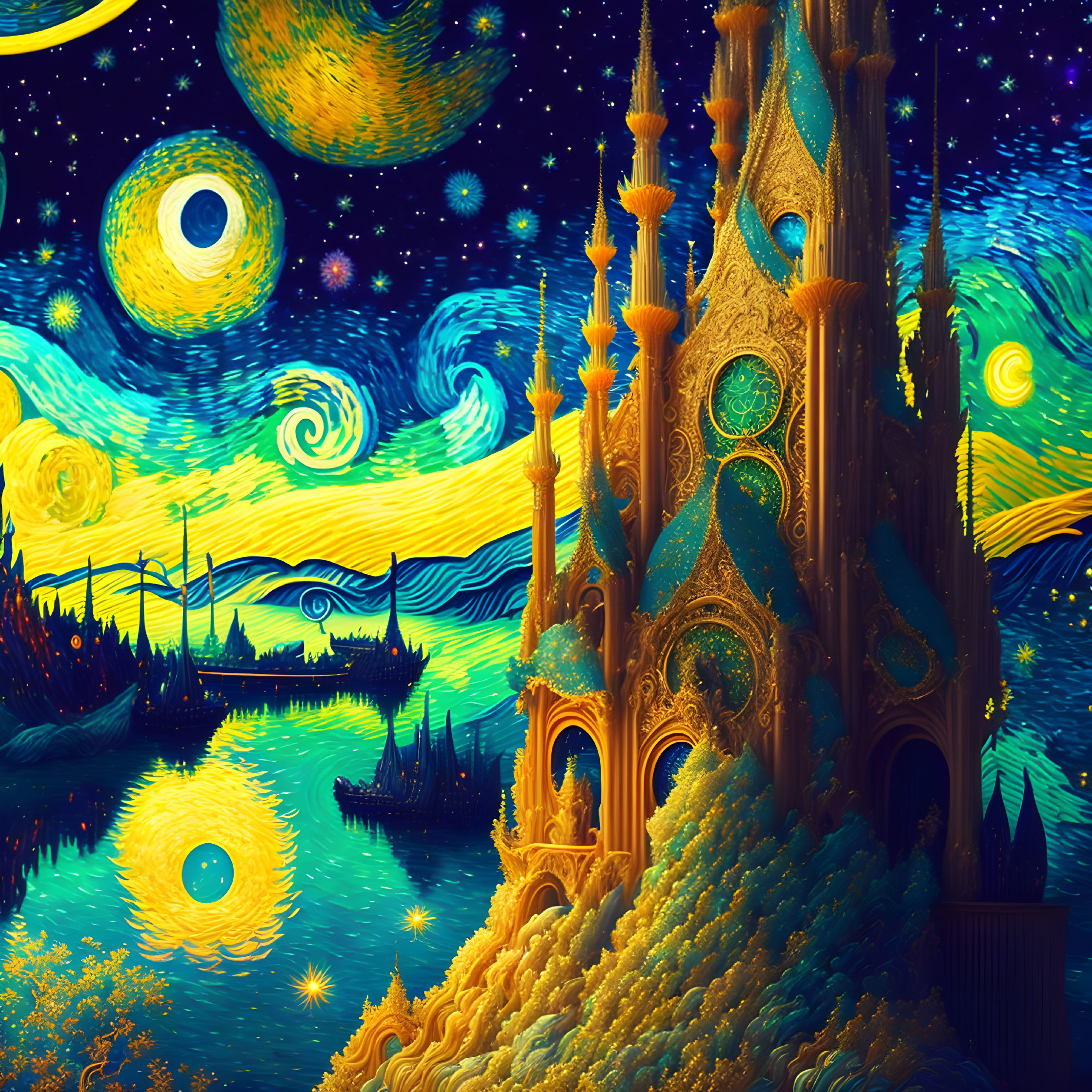 Colorful artwork: Starry skies, celestial bodies, golden fantasy castle, ships on cosmic sea