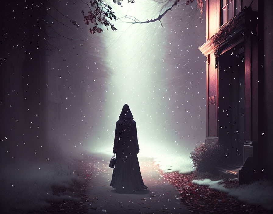 Misty lamplit path with cloaked figure and falling snowflakes