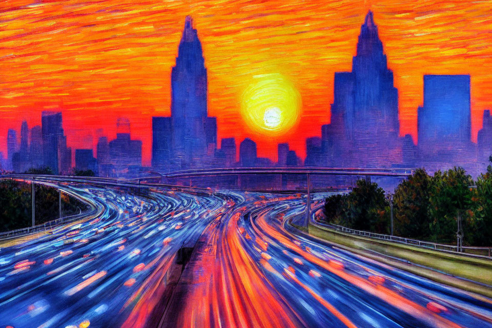 Vibrant cityscape painting at sunset with radiant sun and light streaks