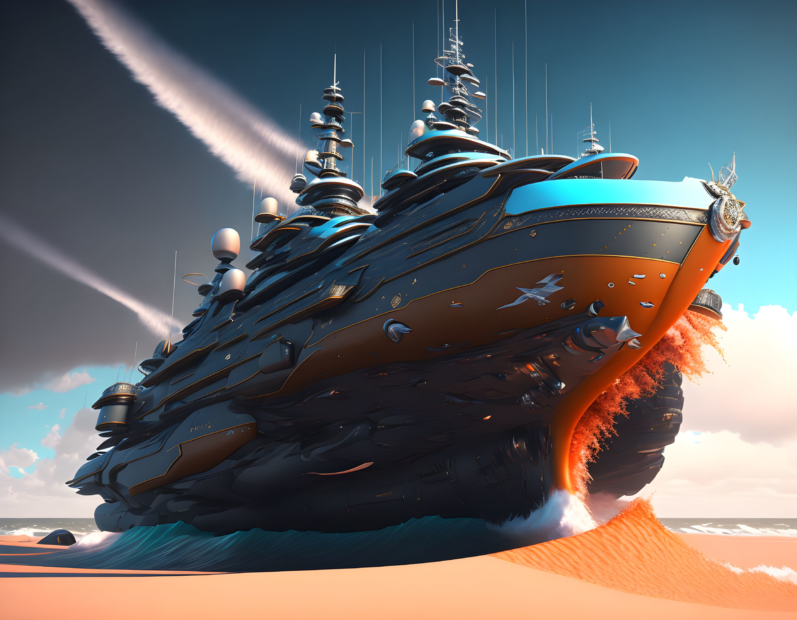 Massive futuristic ship on orange sea with antenna towers under cloudy sky