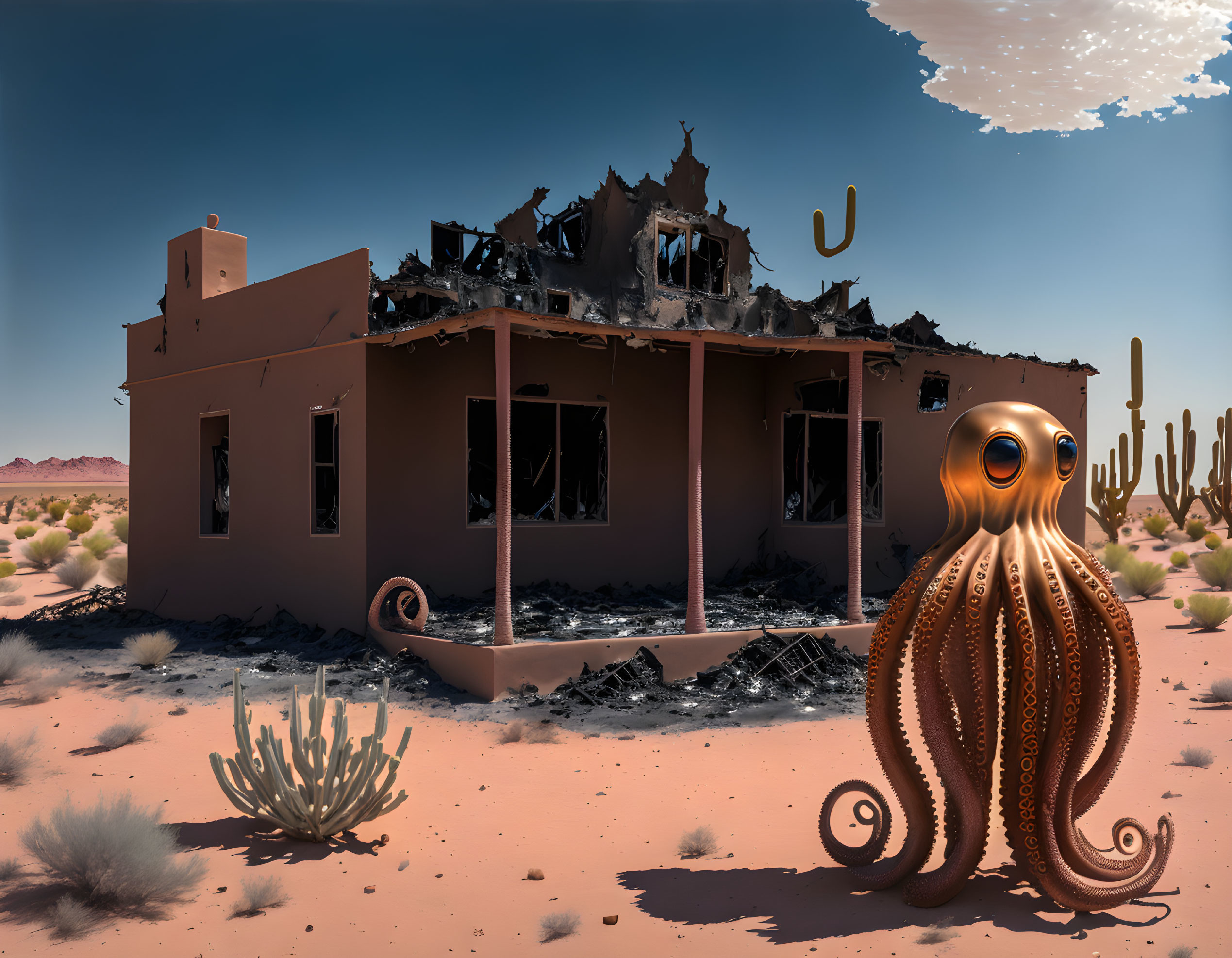 Desert landscape with abandoned building, octopus-like creature, cacti, and blue sky