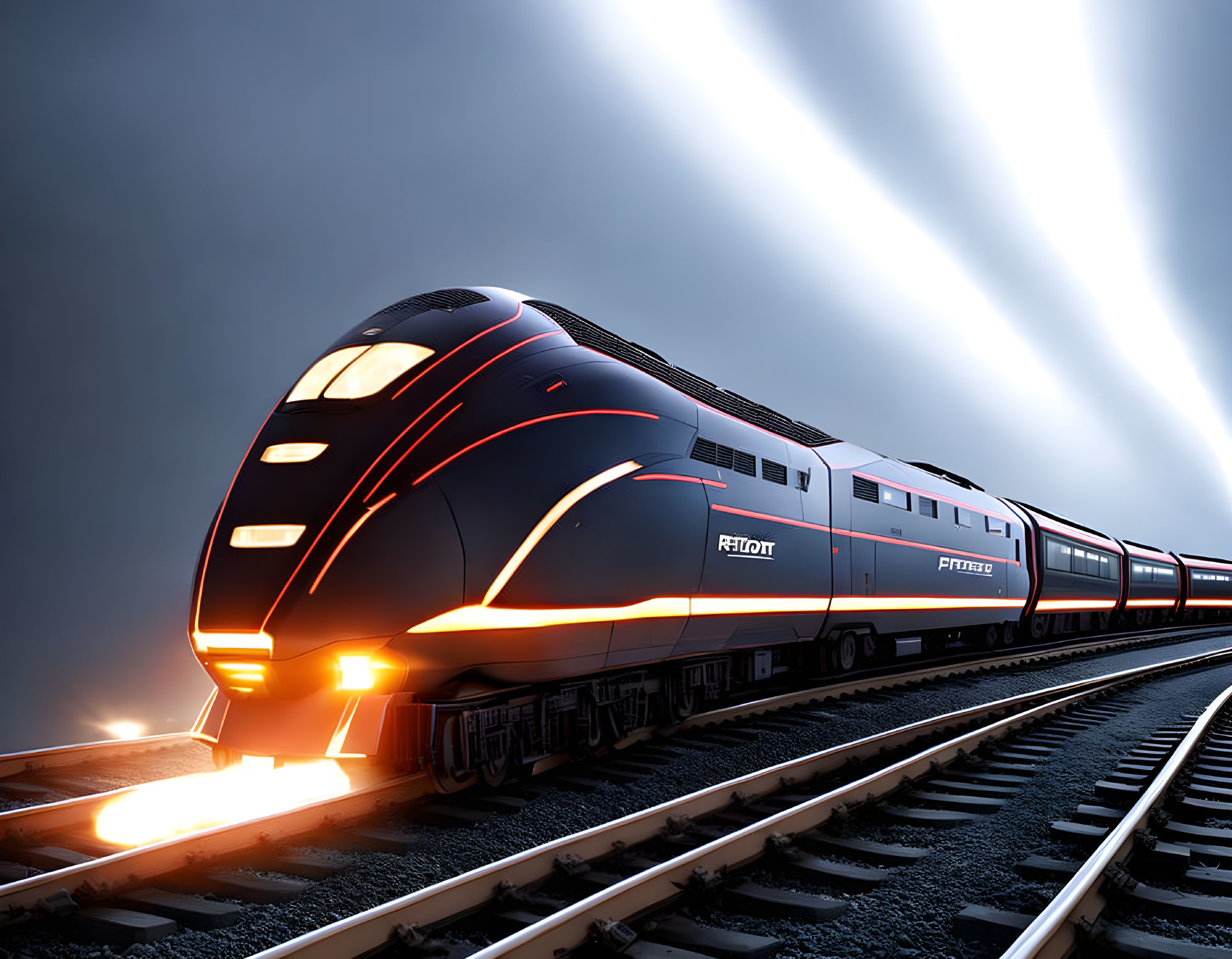 Modern Black and Red Train Moving on Tracks at Dusk