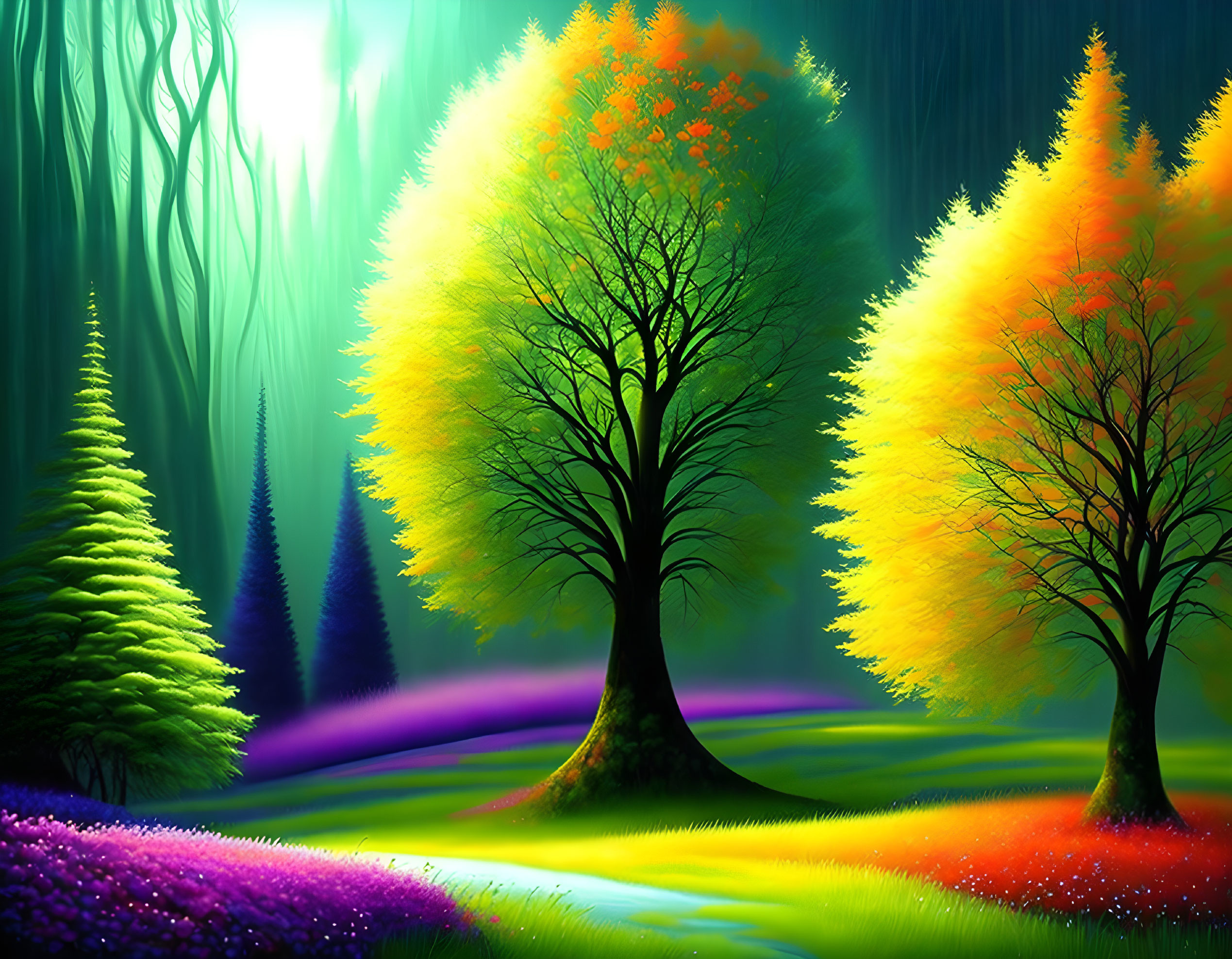 Colorful digital artwork: Magical forest scene with neon grass