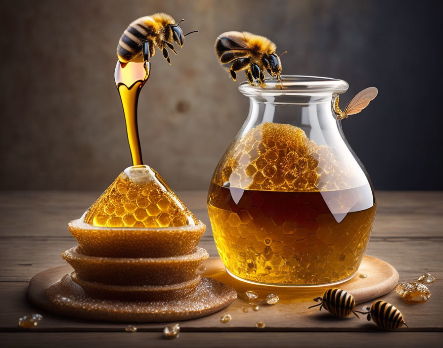 Honey jar with honeycomb, dripping spoon, and bees on wooden board