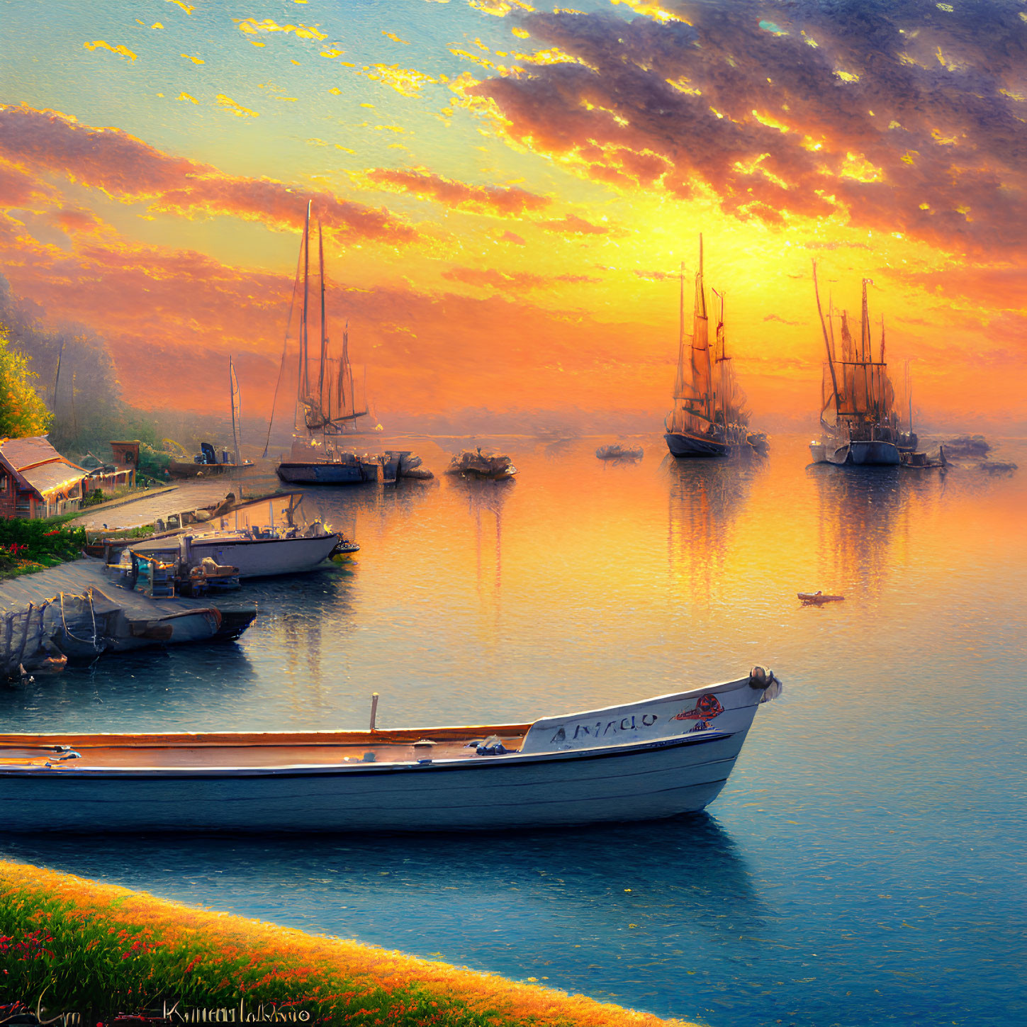 Tranquil Sunset Harbor Scene with Boats and Glowing Sky