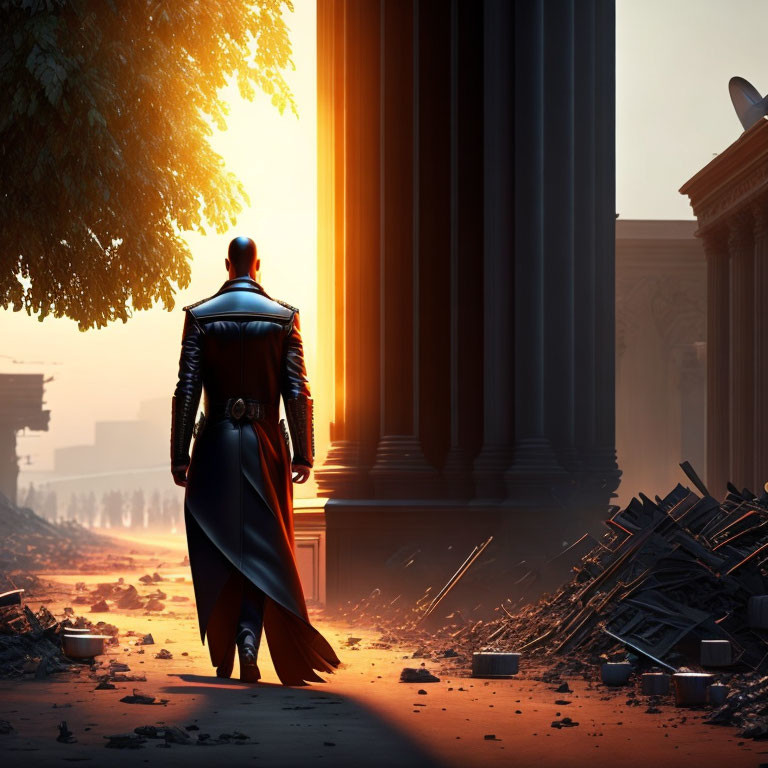 Superhero at Sunrise Amidst Ruins with Classical Columns and Tree Silhouette